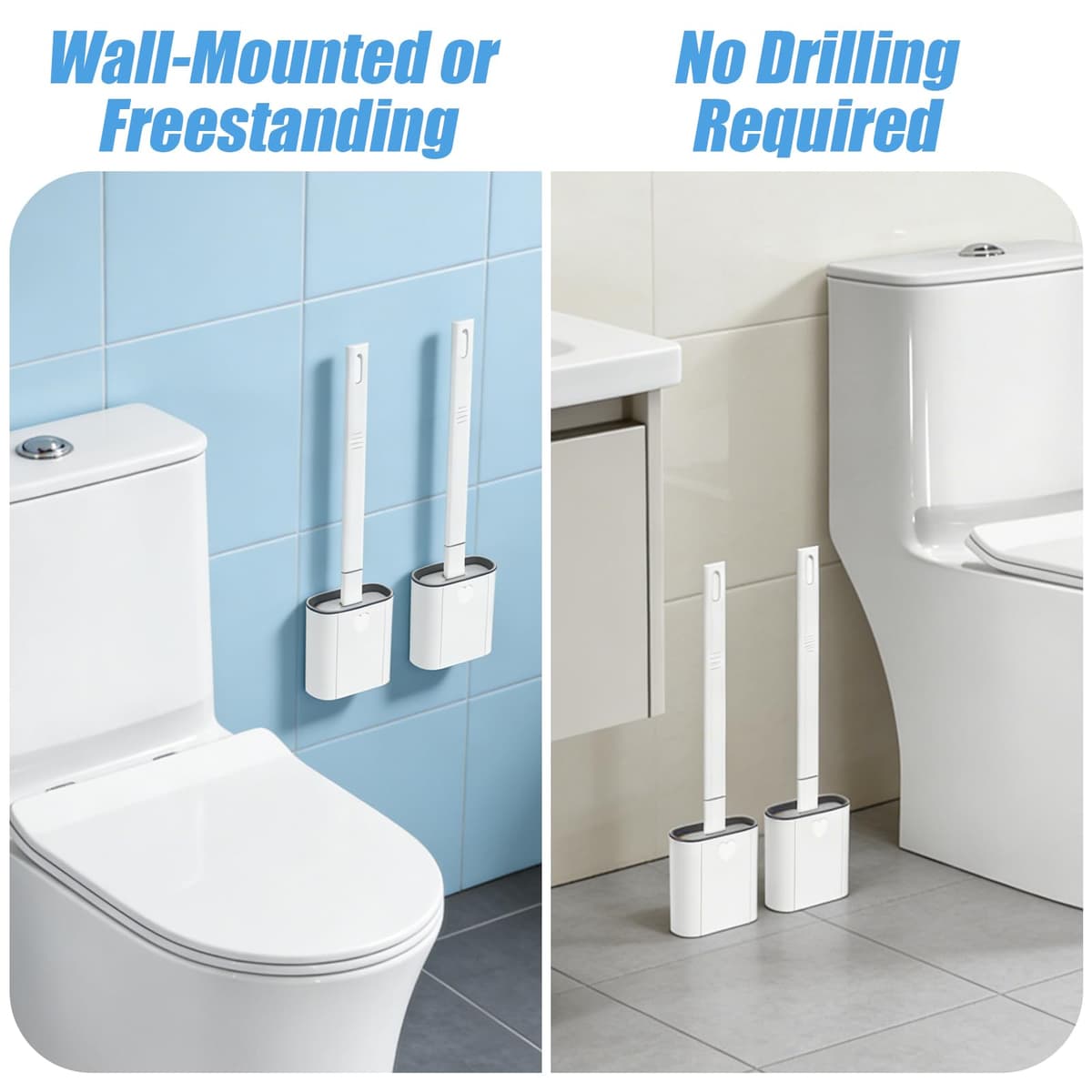Toilet Brush, 2 Pack Bathroom Silicone Toilet Brushes and Holder Sets with No-Slip Long Plastic Handle and Soft Flexible Bristles, Toilet Brushes with holders and Base for Anti-drip (White) — view 5
