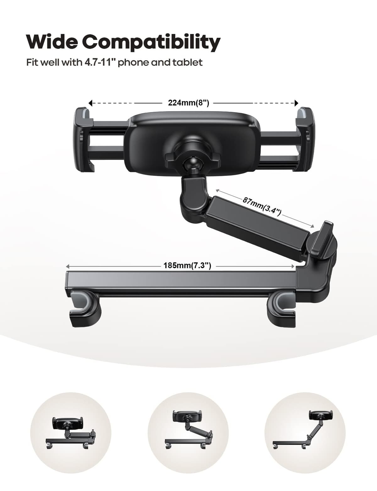 Lamicall Car Headrest Tablet Mount - [Aluminium Arm] 2025 Adjustable Car Tablet Holder, 360° Rotating Backseat Mount for Kids, for 2024 iPad Pro 13, Air 6, Mini, Tab, Phones, 4.7-13” Device - Black — view 5