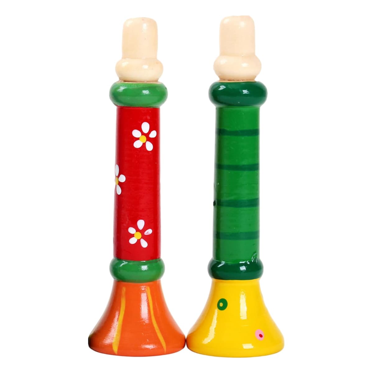 Trompeta de juguete 2 piezas pequeña de madera linda y segura trompeta para niños pequeños juego de simulación divertidos instrumentos musicales para niños de 1 a 3 años, color aleatorio, latón de vi — view 2