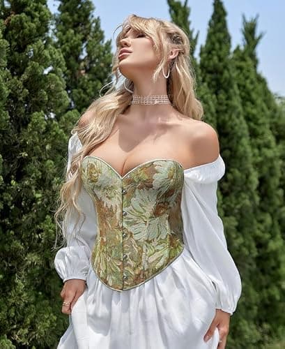Alivila.Y Fashion Womens Vintage Floral Denim Overbust Corset Bustier Top, Green Short Torso, Small — view 3