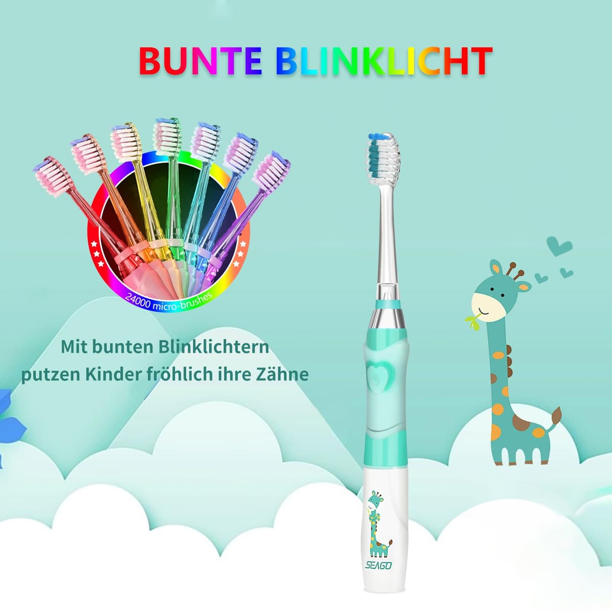 Seago Cepillo de Dientes Infantil Eléctrico Para Niños 3–12 Años Kids Con Luz de Colores,Temporizador Inteligente de 2 minutos,4 Cabezales Suaves SG-EK6/SG-977 (Verde) — view 2