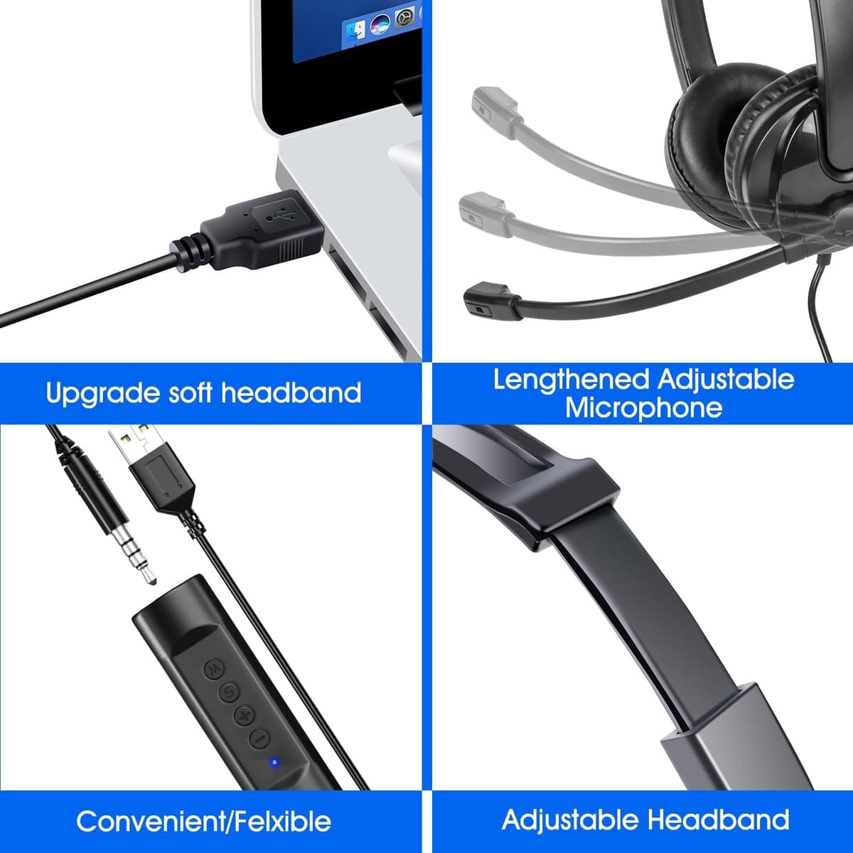 USB Headset with Microphone for PC Laptop, Adjustable Noise Cancelling Business Office Headsets, 2.5M Length Headphones with In-Line Control — view 6