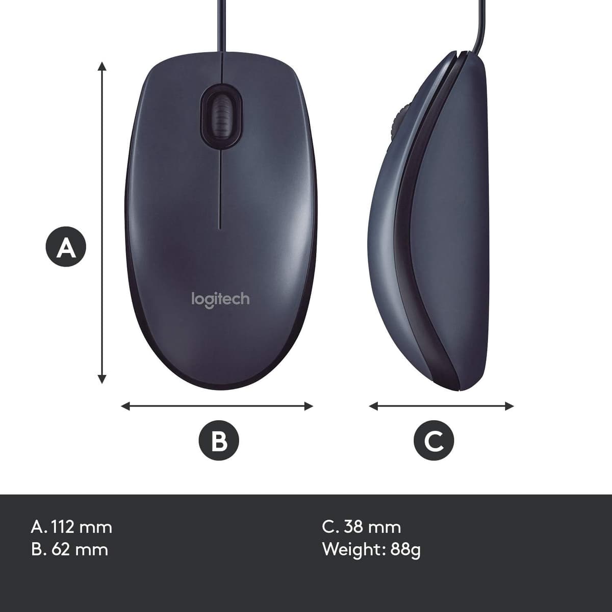 Logitech B100 Wired USB Mouse, 3-Buttons, Optical Tracking, Ambidextrous PC / Mac / Laptop - Black — view 8