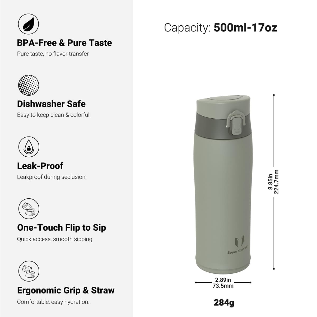 Super Sparrow Insulated Water Bottle - Travel Mug - 500ml, 750ml，950ml - Stainless Steel Water Bottles - BPA Free - Leakproof Metal Bottles - Includes 2 Lids, Straw Lid & Spout Lid — view 3