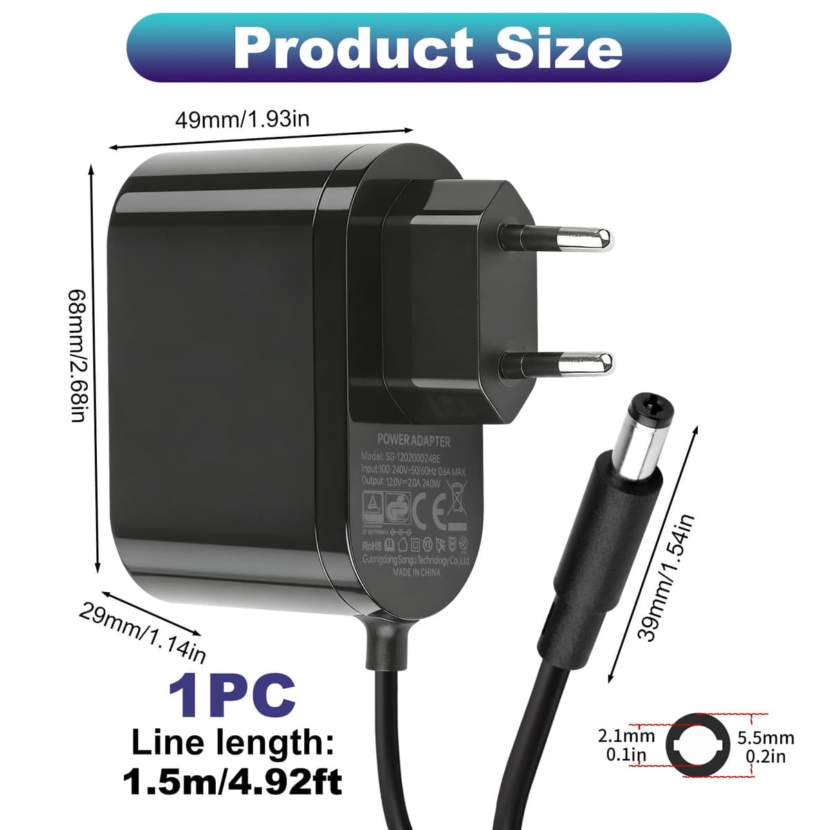 12V 2A Fuente de Alimentación, 24W 12V 2A Universal Adaptador 100-240V 5.5 × 2.1mm Transformador 1.5M Cable con 8 Adaptadores de Enchufe de 1000mA 1500mA 2000mA para LED Router Cámaras de Seguridad — view 2