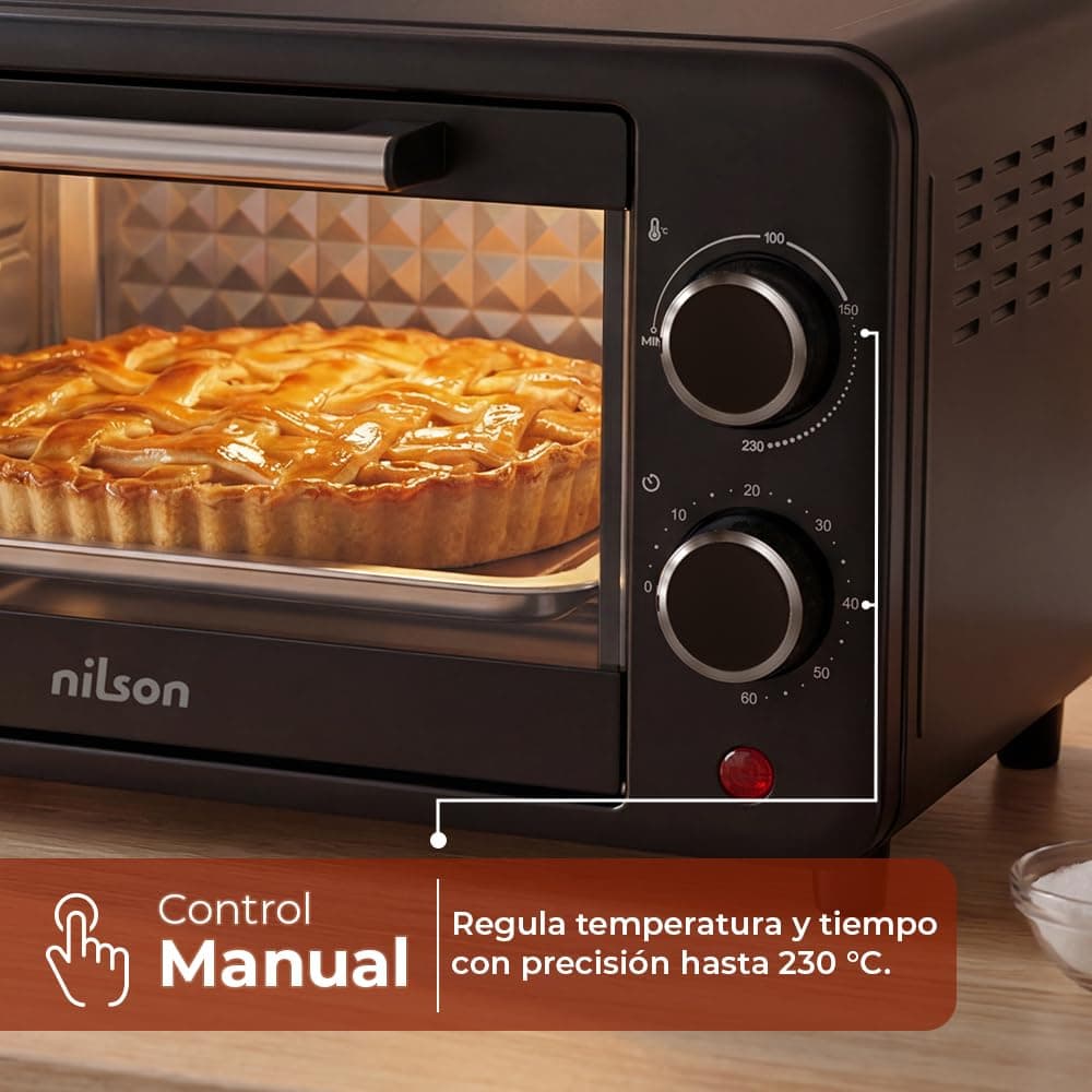 Horno de Sobremesa 10 L, Compacto, 1000 W, Control Mecánico, NHS1000N, Termostato Ajustable, Temperatura Máxima 230º, Temporizador 60 min, Incluye Bandeja Esmaltada y Rejilla Metalica — view 3