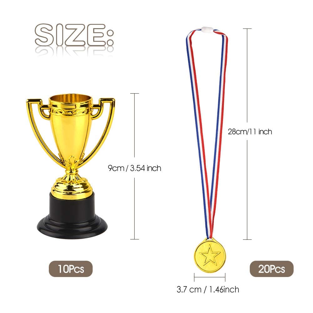 FEPITO 30 Piezas de trofeos de medallas Set 10 Piezas de Trofeo de plástico de Oro y 20 Piezas de medallas ganadoras para Kid Party Sports Awards — view 2