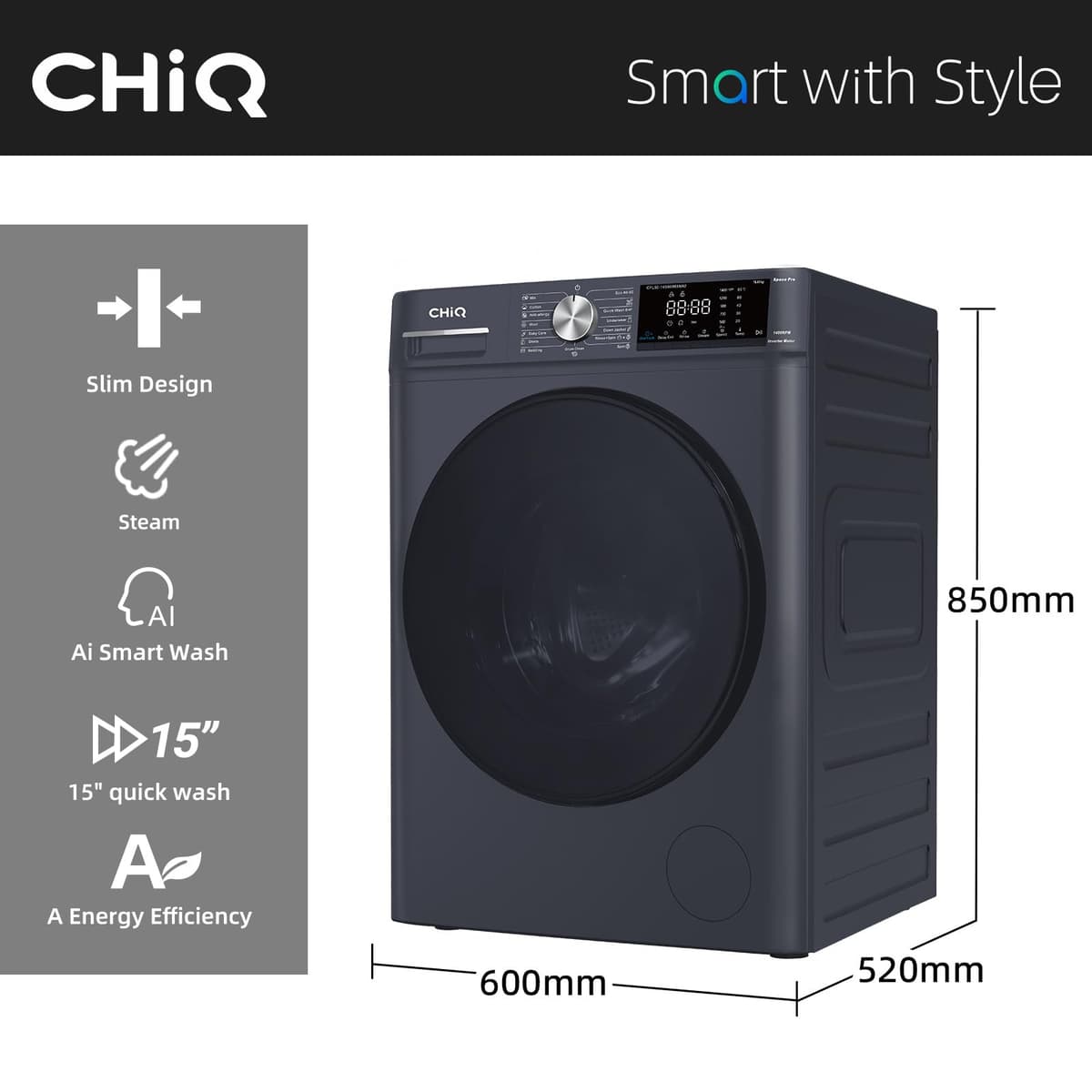 CHiQ CFL90-14586IM3XAU, Front Load Washing Machine 9kg, Space Pro, Counter Depth, Large Drum, Quiet Inverter Motor, 1400rmp, AI Smart Program, Steam Function, Energy Efficient, Grey [Energy Class A] — view 2