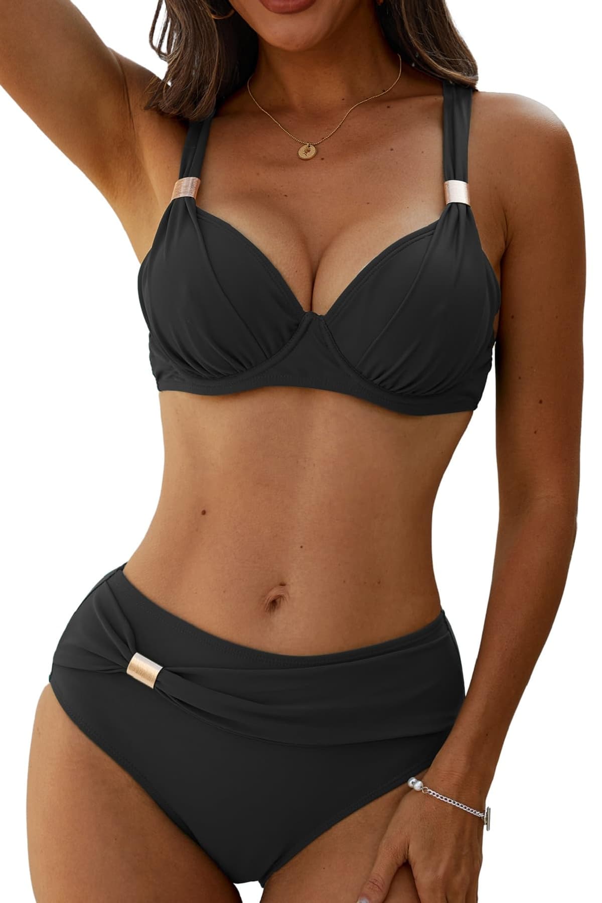 Yutdeng Bañador Dos Piezas Mujer Braga Alta Bikini Push Up con Aros Bikinis Reductor Barriga Talle Alto Vientre Plano con Pliegue Traje De Baño Mujer 2 Piezas Ropa de Baño Biquini — view 9