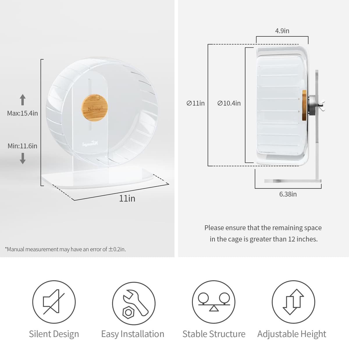 Niteangel Super Silent Hamster Exercise Wheels - Quiet Spinner Hamster Running Wheels with Adjustable Stand for Hedgehog Gerbils Mice Or Other Small Animals (Large, Transparent) — view 2