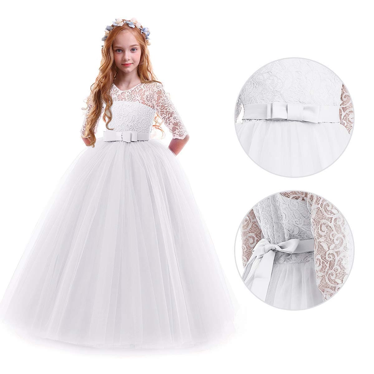 IWEMEK Flower Girls 3/4 Sleeve Floral Lace Tulle First Communion Pageant Dresses Kids Big Girls Princess Birthday Carnival Christmas Bridesmaid Wedding Party Prom Ball Gown 2-14 Years — view 3
