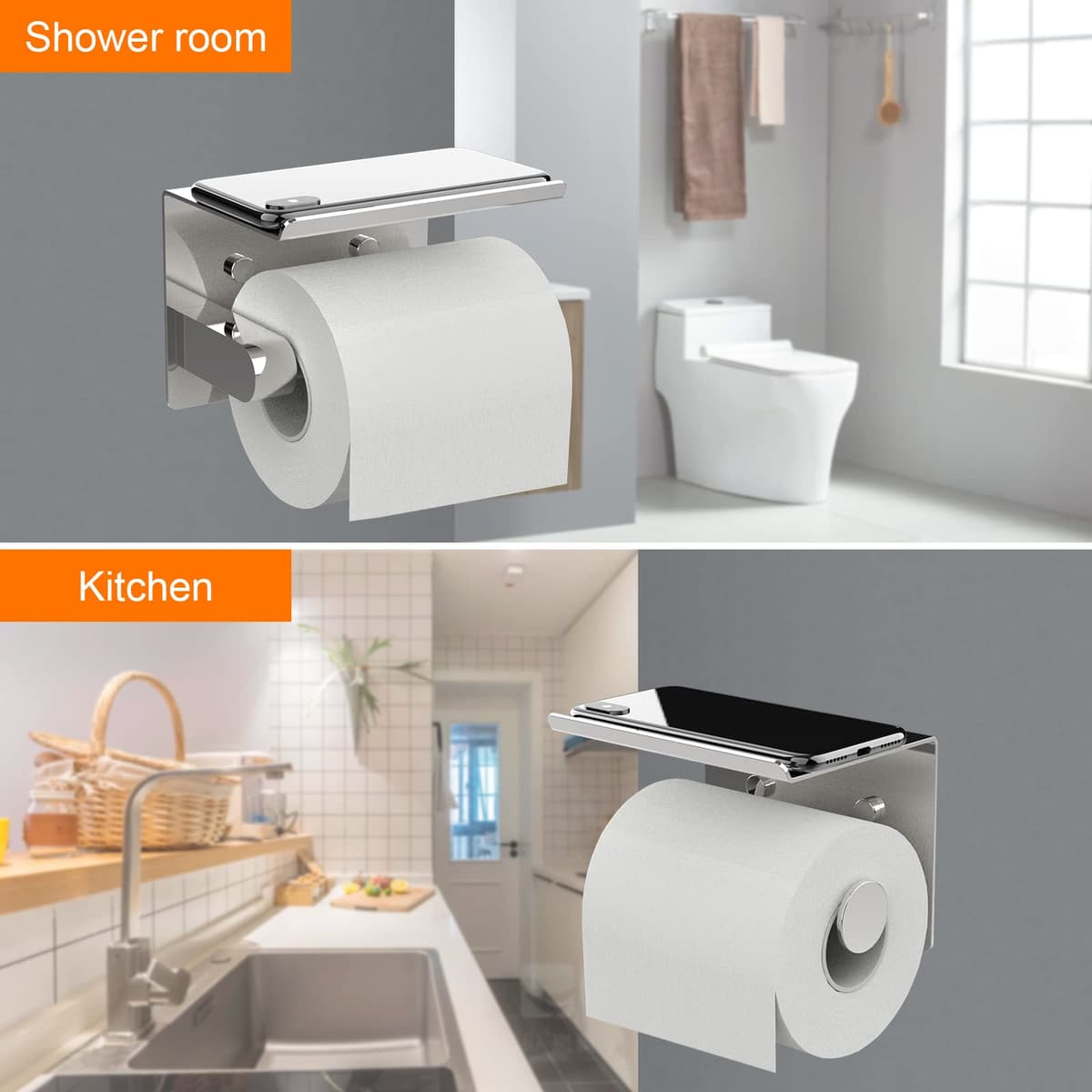 Ibergrif MK34053 - Portarrollos Adhesivo Sin Tapa de Papel Higiénico con el Teléfono Móvil Estante de Almacenamiento, Plata, Acero Inoxidable — view 5