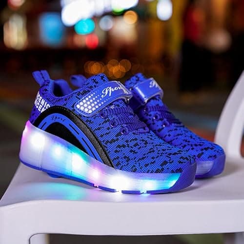 Ufatansy Roller Shoes Girls Kids LED Light up Shoes Wheels Roller Skate Shoes Skateboarding Fashion Boys Sneakers?6.5 Big Kid,Single Wheel Blue — view 3