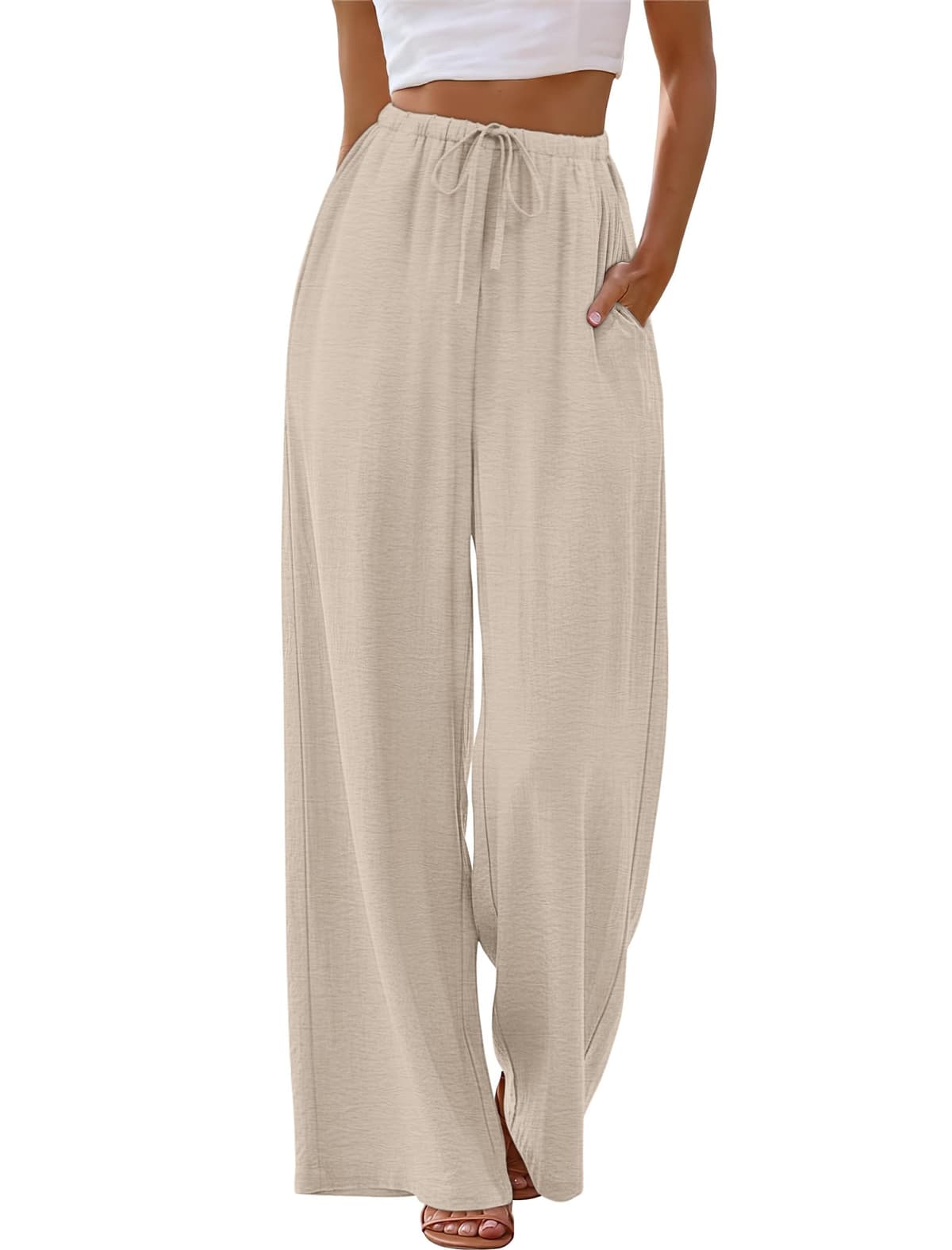 Sampeel Wide Leg Pants for Women Flowy Palazzo Drawstring Elastic Waist Trousers with Pockets Summer Beach Vacation Clothes — view 2