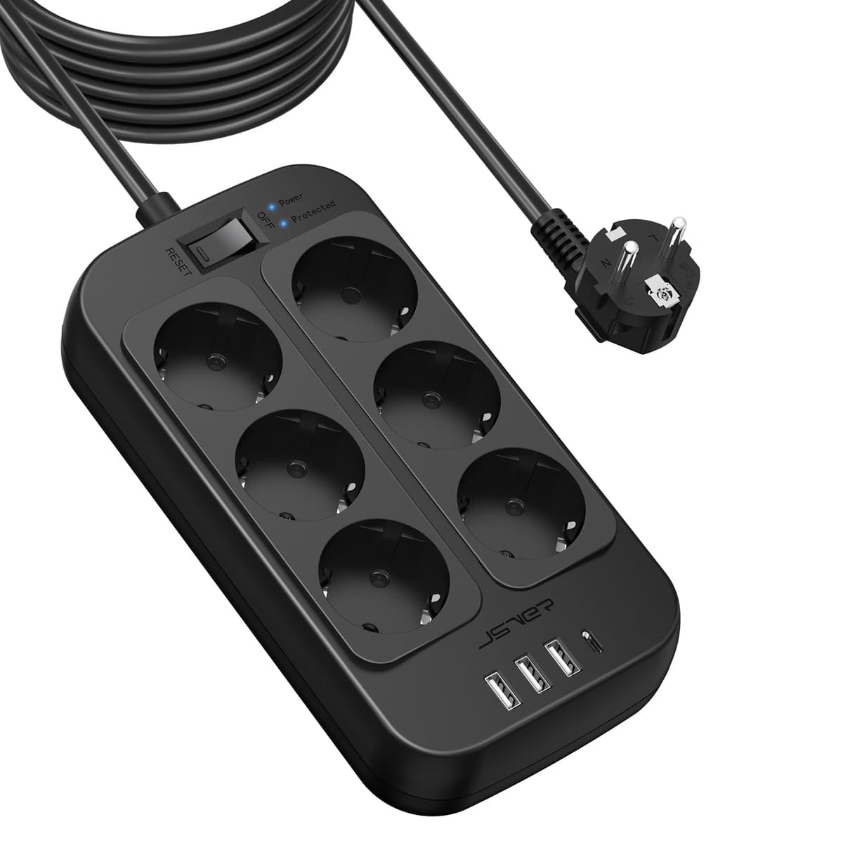JSVER Regleta Enchufes USB, Proteccion Sobretension con 8 Toma de Corriente y 4 Puertos(5V3,4A) Estación de Carga Inteligente Tomas Alargadora con Cable 1.8m-Negro — view 13