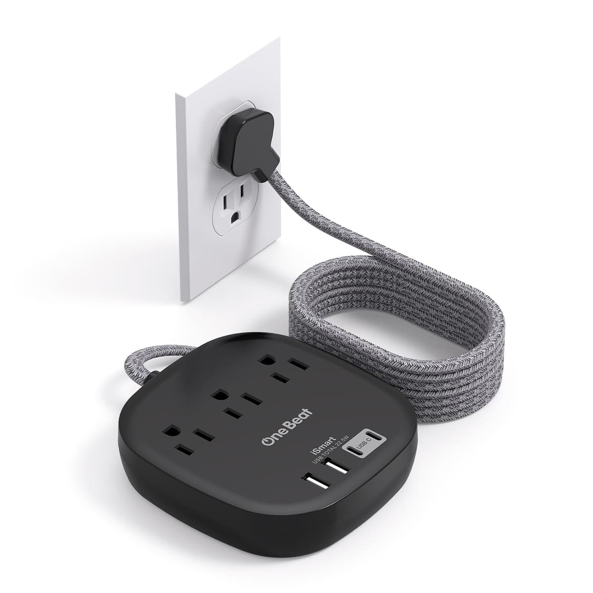 One Beat Flat Plug Power Bar with USB C, 6FT Ultra-Thin Extension Cord, 3 Outlet with 4 USB Ports (2 USB C) Desktop Charging Station, No Surge Protection for Cruise Ship, Travel Essentials, Dorm Room — view 10