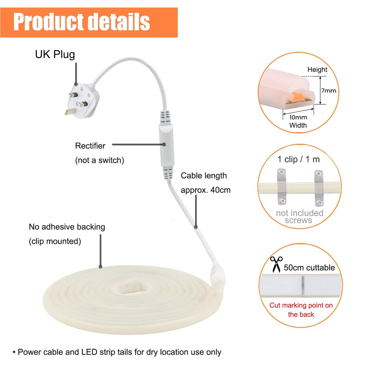 Flexible COB Neon Light Strip, 220V LED Strip 288 LEDs/m, Cut to 50cm, IP65 Waterproof Modified Silica Gel Rope Light with UK Plug Power Supply (0.5m, Warm White) — view 4
