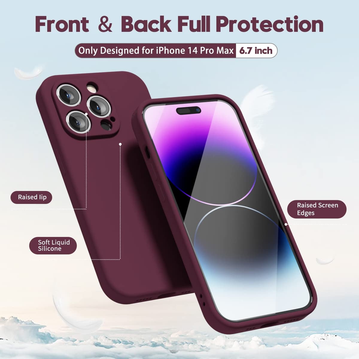 oakxco for iPhone 14 Pro Max Phone Case Liquid Silicone, Cute Thin Slim Soft Rubber TPU Plain Smooth Gel Cover for Women Girl, Matte Solid Protective & Shockproof, Burgundy Plum Wine — view 3