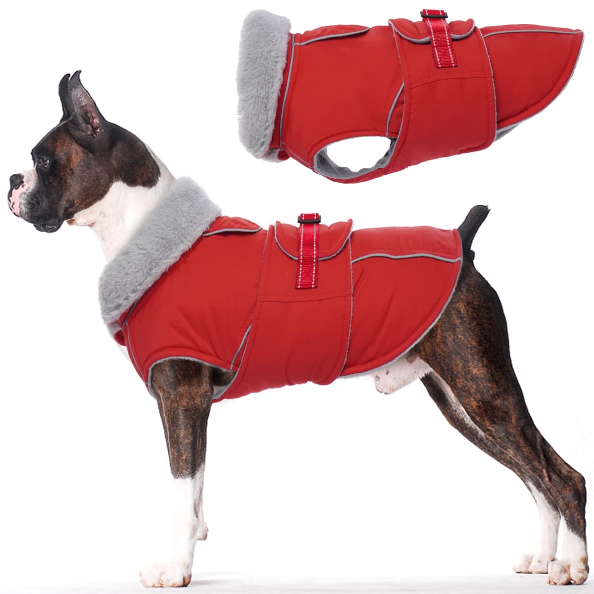 Lelepet Warm Coats and Jackets for Dogs, Waterproof Winter Dog Coat for Cold Weather, Reflective Dog Puffer Jacket, Fleece Lining Pet Coat with Harness Hole for Medium Dogs, Red M