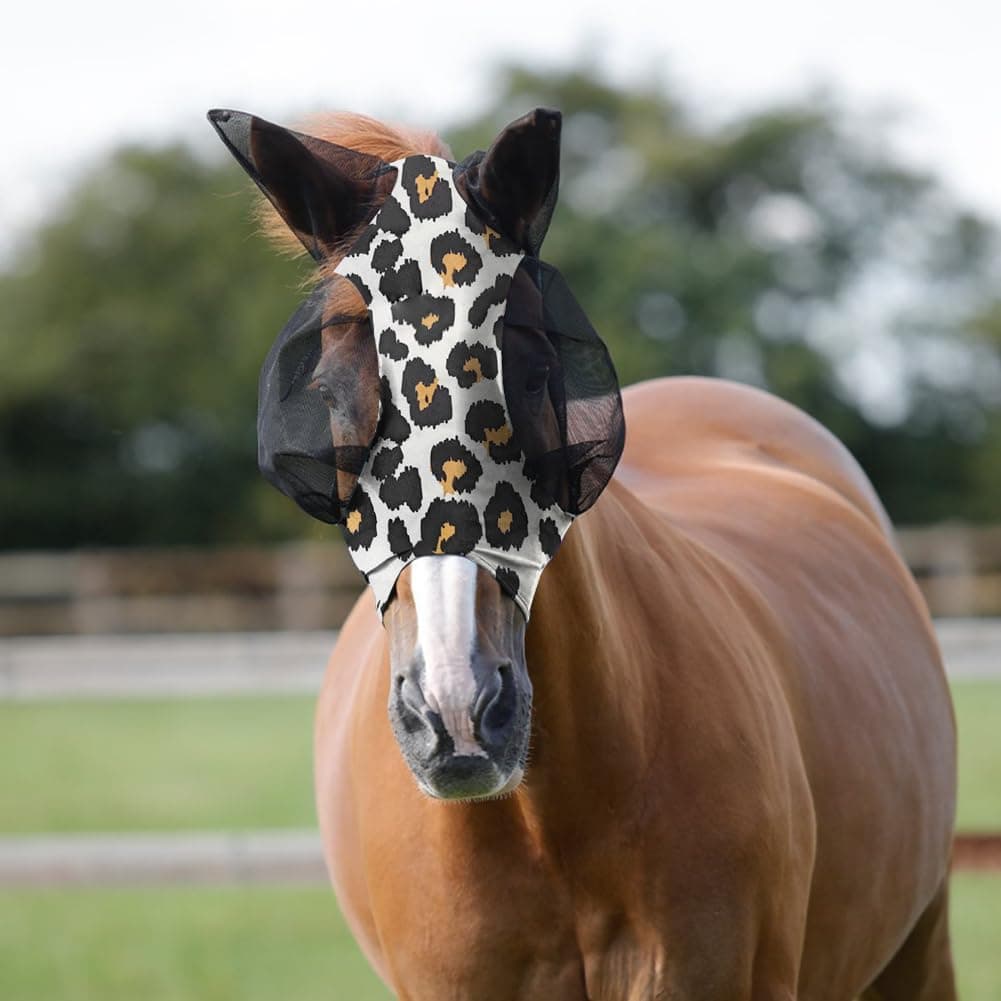 Máscara Antimoscas para Caballos, 1PCS Máscara de Mosca de Caballo con Orejeras,Estampado de Leopardo Máscaras Faciales para Caballos Anti-UV, Malla Transpirable, máscara de Freno elástica. — view 4