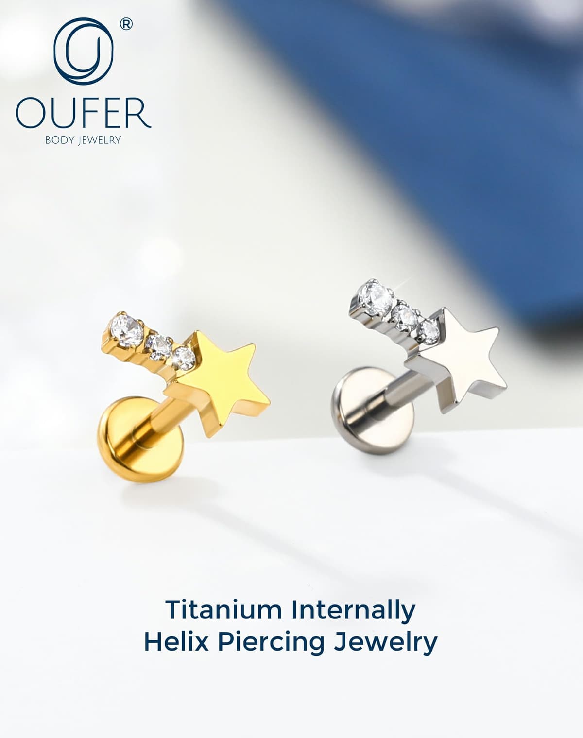 OUFER Body Piercing Helix Earring: 16G Titanium Star CZ Labret Piercing Jewelry Internally Threaded 6mm Bar Gold/Silver Cartilage Tragus Lip Piercings for Women — view 2