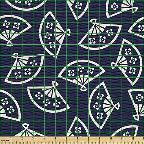 Ambesonne Geometric Fabric by The Yard, Hand Fan Pattern East Culture Inspirations Oriental Motif Kimono Design, Decorative Fabric for Upholstery and Home Accents, 1 Yard, Ivory Blue