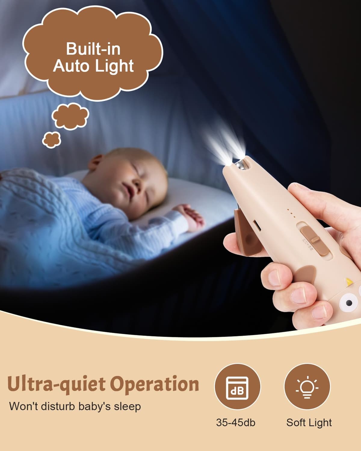 Lictin Set para Cuidado del Bebé-26 en 1 recargable cortaúñas eléctrico para bebé set, Lima de uñas para bebés con iluminación automática, Portátil Kit de Aseo para Bebés, ¡gran idea de regalo(Caqui) — view 3
