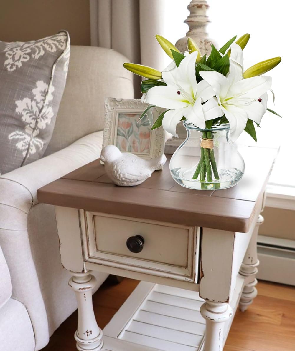 Artificial Flowers Tiger Lily Real Touch with Vase Easter Lily White Lilies Silk Faux Flowers Arrangements in Glass Vase with Faux Water Easter Decor Fake Floral Bulk Bouquet for Office Home Decor — view 4
