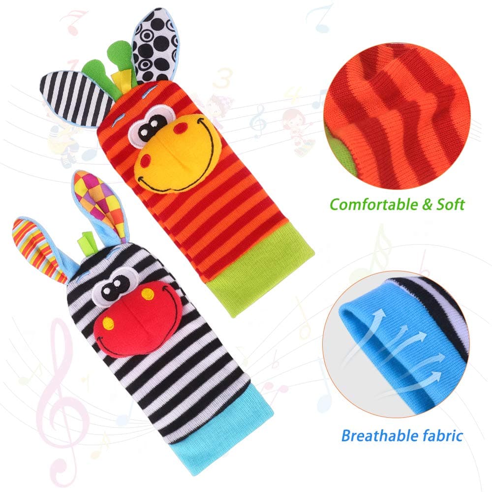 Sonajero Calcetines y Muñequeras para Bebé, Sonajero Toys con Buscador de Muñeca y Pie Juguetes de Animales Suaves y Bonitos para Recién Nacidos Niños Bebés (2 Pulseras y 2 Calcetines) — view 7
