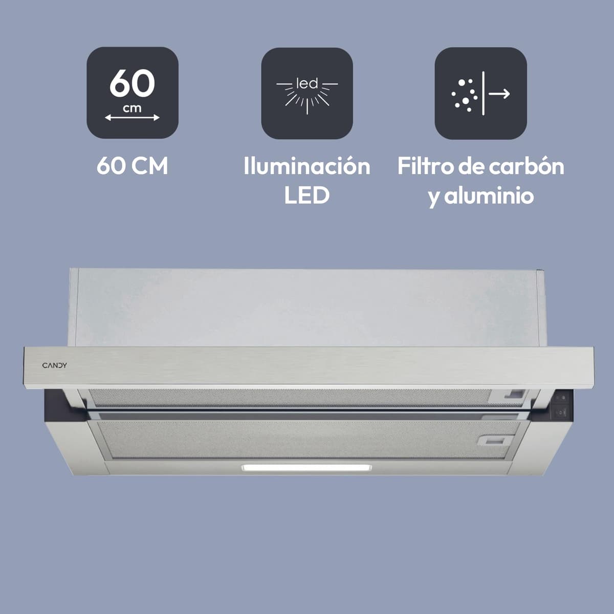 Candy CBT6130/3X, Campana Telescópica 60 CM, 2 Niveles de Potencia, 125W, 264M3/H, Filtros de Carbono, Panel Aluminio Antigrasa, Iluminación LED, 53/60DB, Acero Inoxidable — view 2