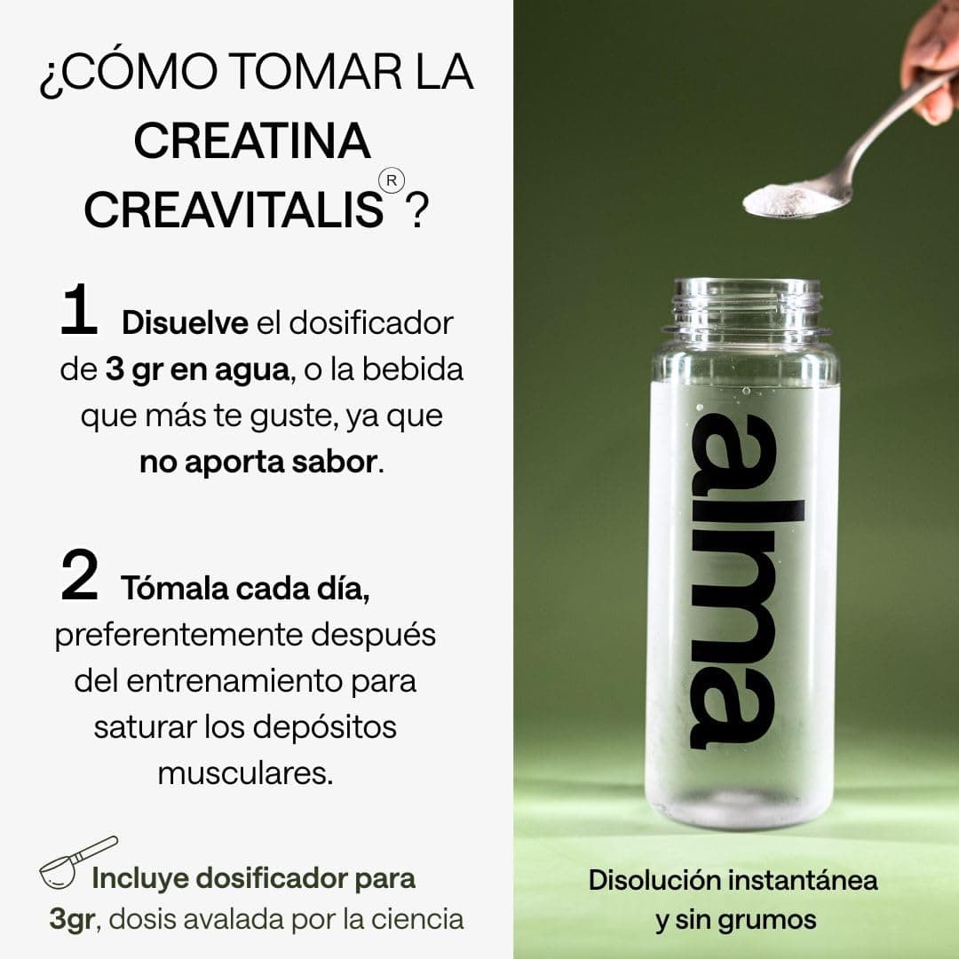 Creatina Monohidratada Creavitalis® ALMA® 600 g | Creatina Creapure Monohidrato en Polvo 99,9% Pureza Premium | Vegana, Sin Gluten ni Lactosa | 200 Dosis Disolución Instantánea | Fabricada en Alemania — view 4