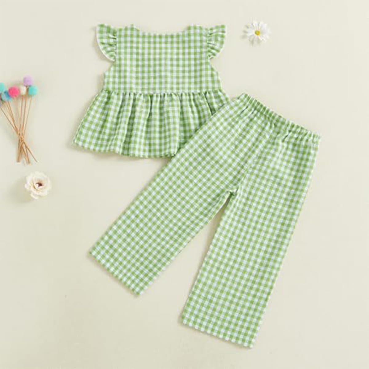 Conjunto Verano para Niñas Pequeñas Color Liso/Cuadros Sin Mangas Con Volantes Camisetas y Pantalones Anchos de Lino Ropa Infantil de Primavera — view 3