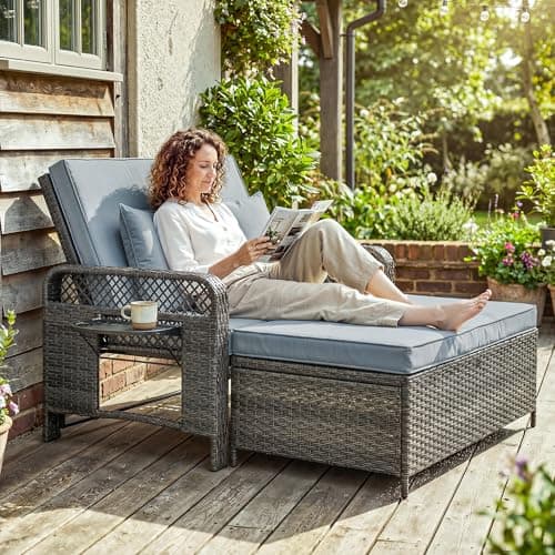 Outsunny 2 Pieces Patio Lounge Chair Set with Cushions, PE Wicker Outdoor Chaise Lounge with Adjustable Backrest, Side Trays and Storage Ottoman, Tanning Chair, Light Grey