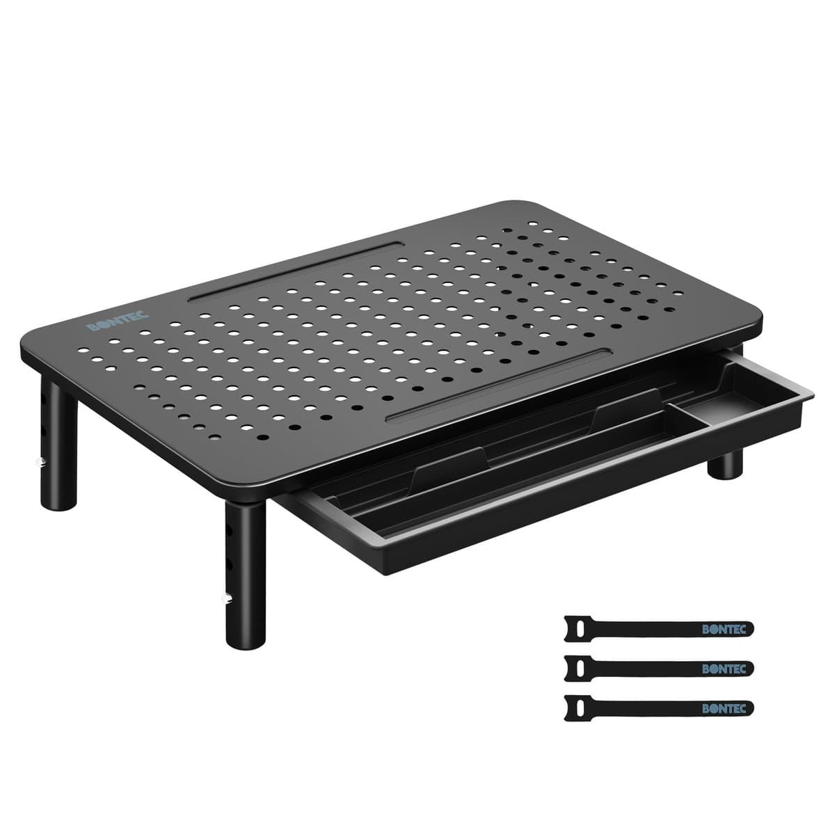 BONTEC Monitor Stand with Drawer, 3 Height Adjustable Monitor Riser for Desk, Mesh Platform for Laptop, Computer, iMac, Printer up to 20KG, Desk Organizer with Cable Ties Included