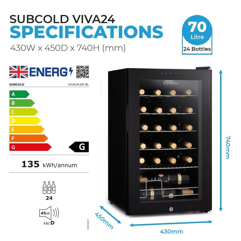 Subcold Viva24 LED – Under Counter Wine Fridge Black | 3-18°C | Wine Cooler | LED + Lock & Key | Glass Door Drinks Cellar | Single-Zone (24 Bottle) — view 3