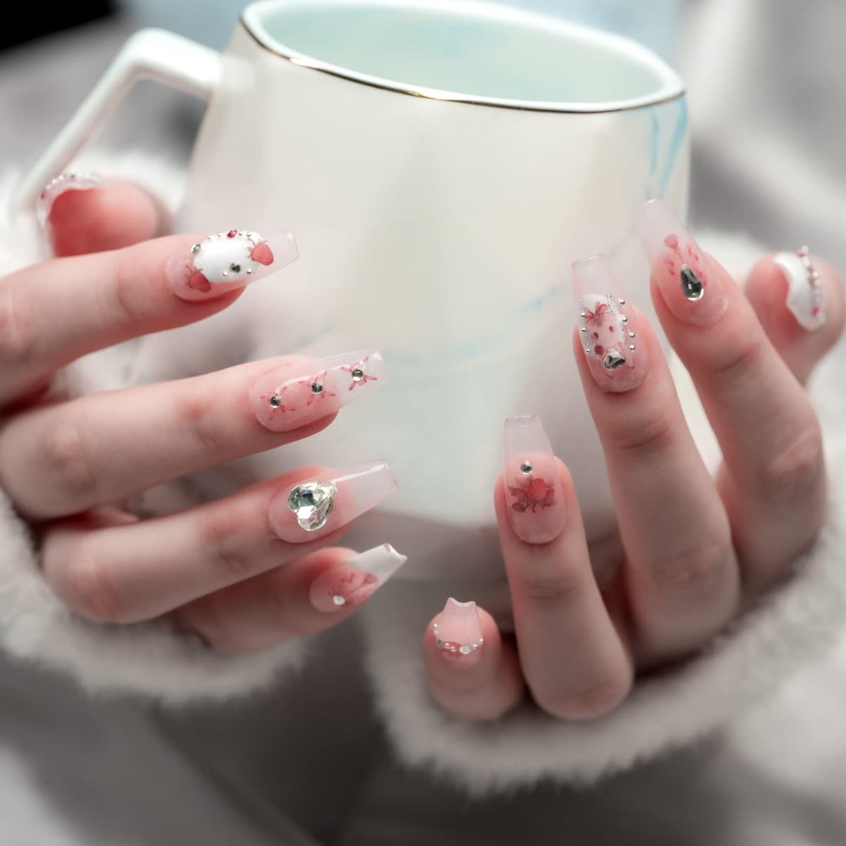 Sun&Beam Nails Handmade Press On Nail Long Coffin Ballerina Pink Flower Acrylic Fake Tip 3D Design Art Charms Cute with Storage Box 10 Pcs (S) — view 200
