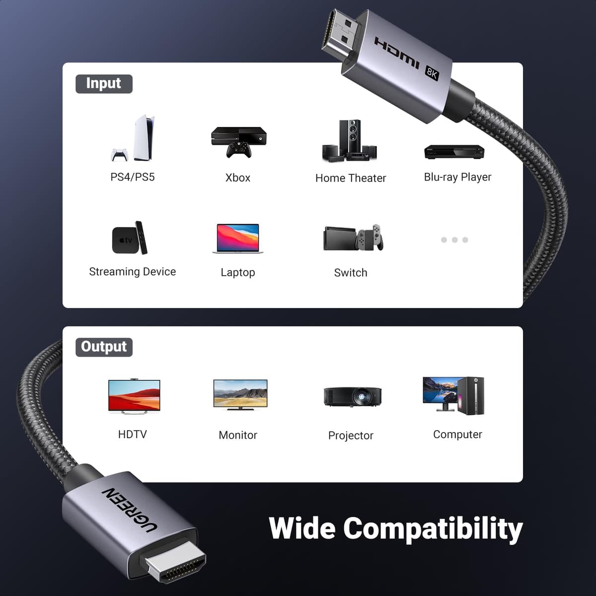 UGREEN HDMI 2.1 Cable Certified 10K 8K 4K 1440P@240/165/120Hz eARC HDR Dolby Vision Atmos HDCP 2.3 48Gbps Ultra High Speed Compatible with PS5 Xbox Series X/S Laptop TV Soundbar Game Monitor PC(1M) — view 6