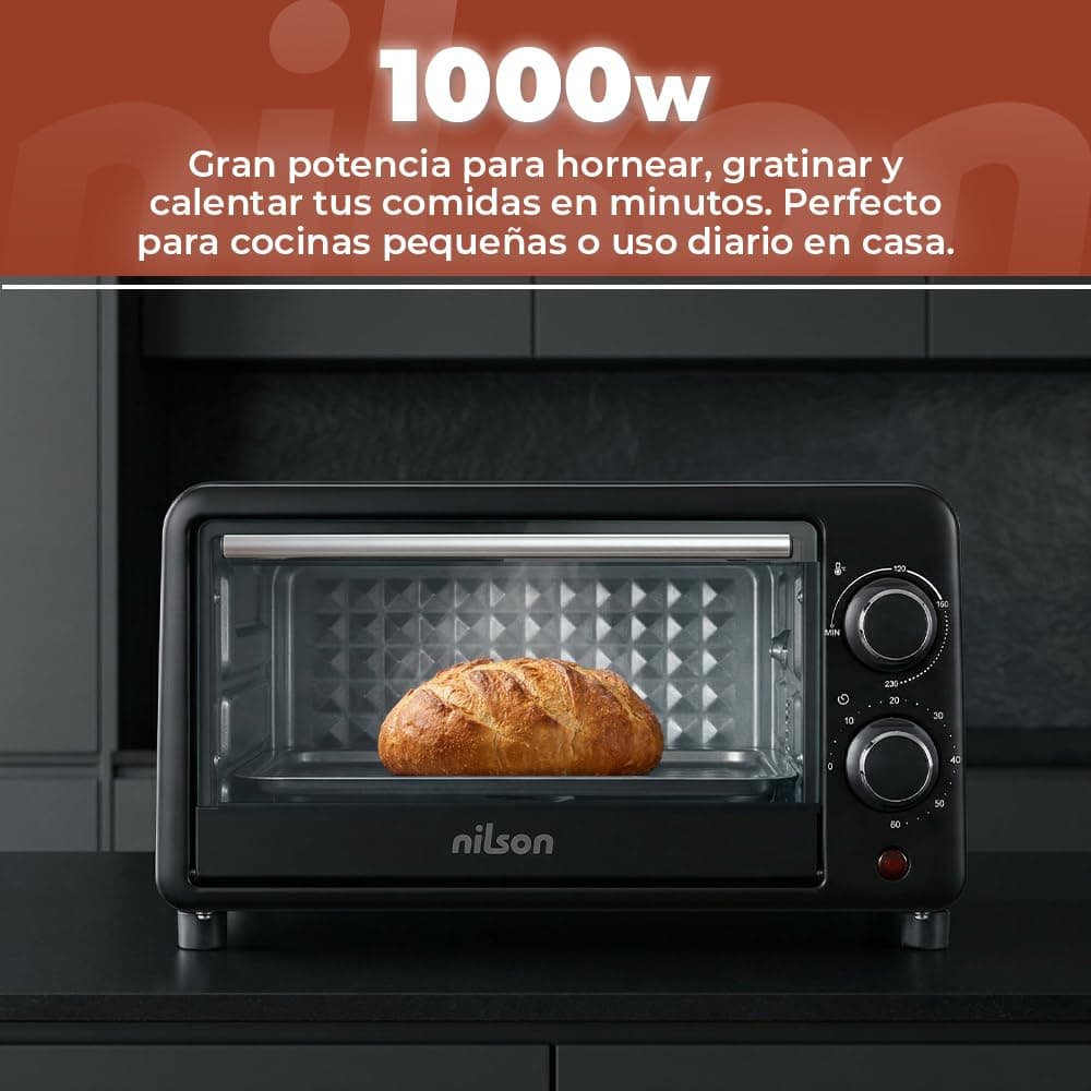 Horno de Sobremesa 10 L, Compacto, 1000 W, Control Mecánico, NHS1000N, Termostato Ajustable, Temperatura Máxima 230º, Temporizador 60 min, Incluye Bandeja Esmaltada y Rejilla Metalica — view 5