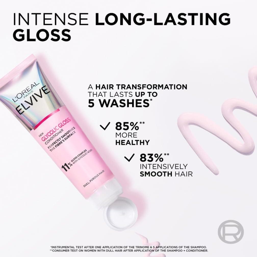 L'Oreal Paris Elvive Glycolic Gloss Conditioner, With Gloss Complex and Glycolic Acid, Fills and Seals Hair Fibres, For Long-lasting, Smooth and Shiny Hair, Ideal for Dull Hair, 150ml — view 3