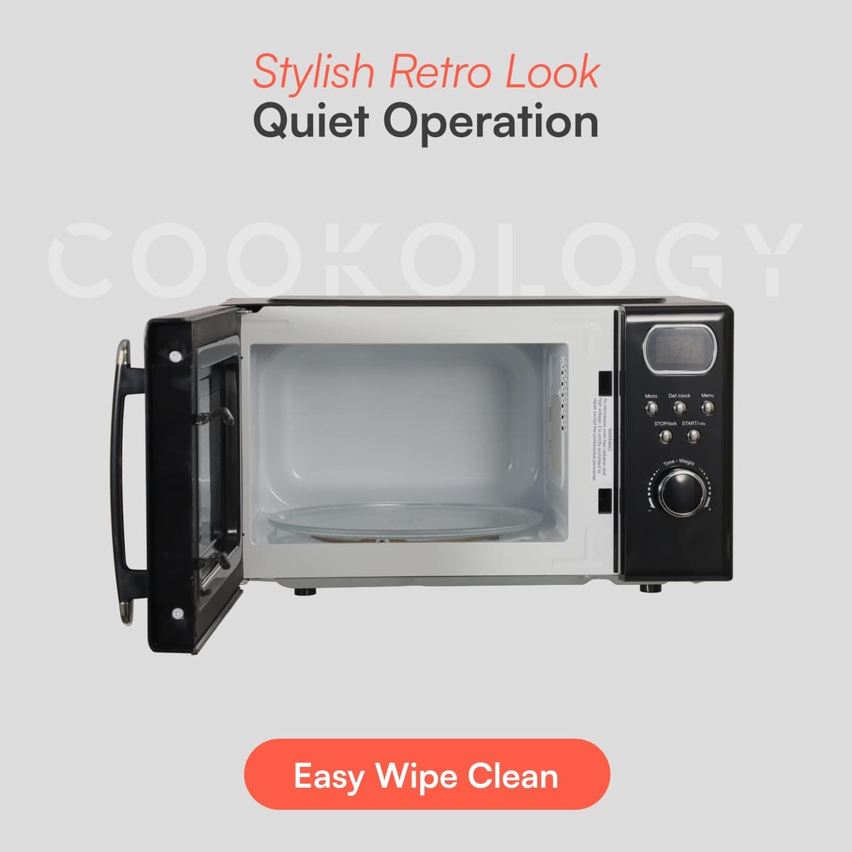 Cookology RETDD20BK Freestanding Retro Microwave - 20 Litre Capacity - With 25.5cm Turntable - 800W Microwave - 8 Auto Cooking Programs - 5 Cooking Power Levels - Defrost Setting - Black — view 5