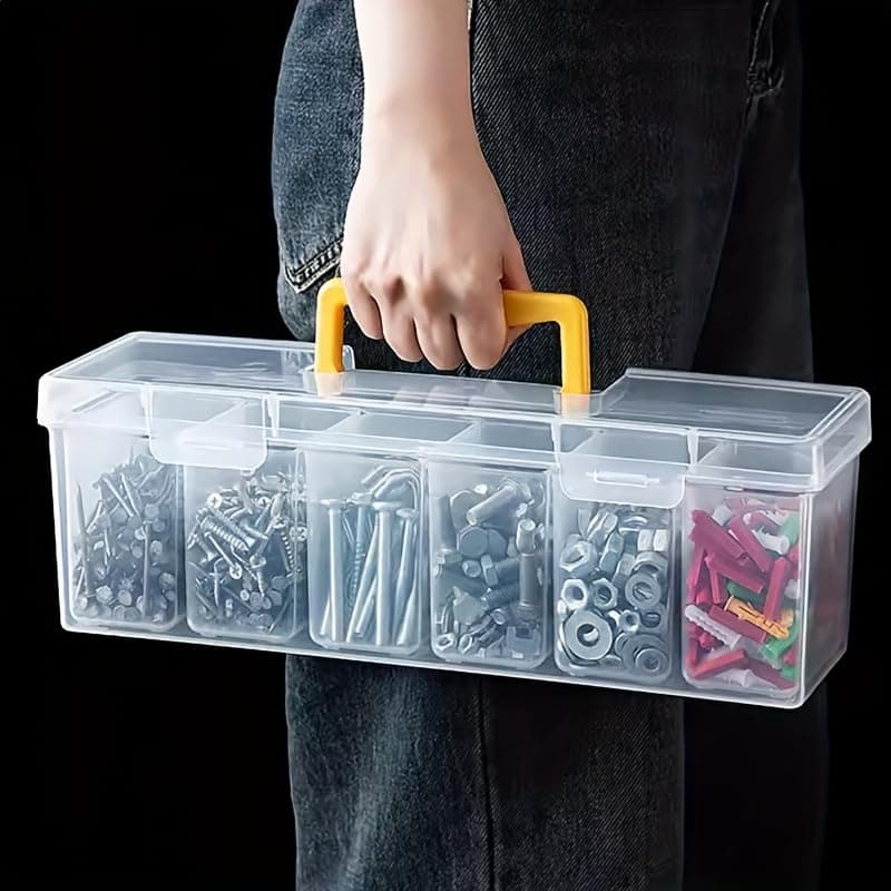 Caja de almacenamiento de herramientas, organizador de piezas pequeñas, contenedor de hardware, plástico transparente con 1 caja exterior y 6 separadores interiores extraíbles, para tornillos, tuercas — view 2