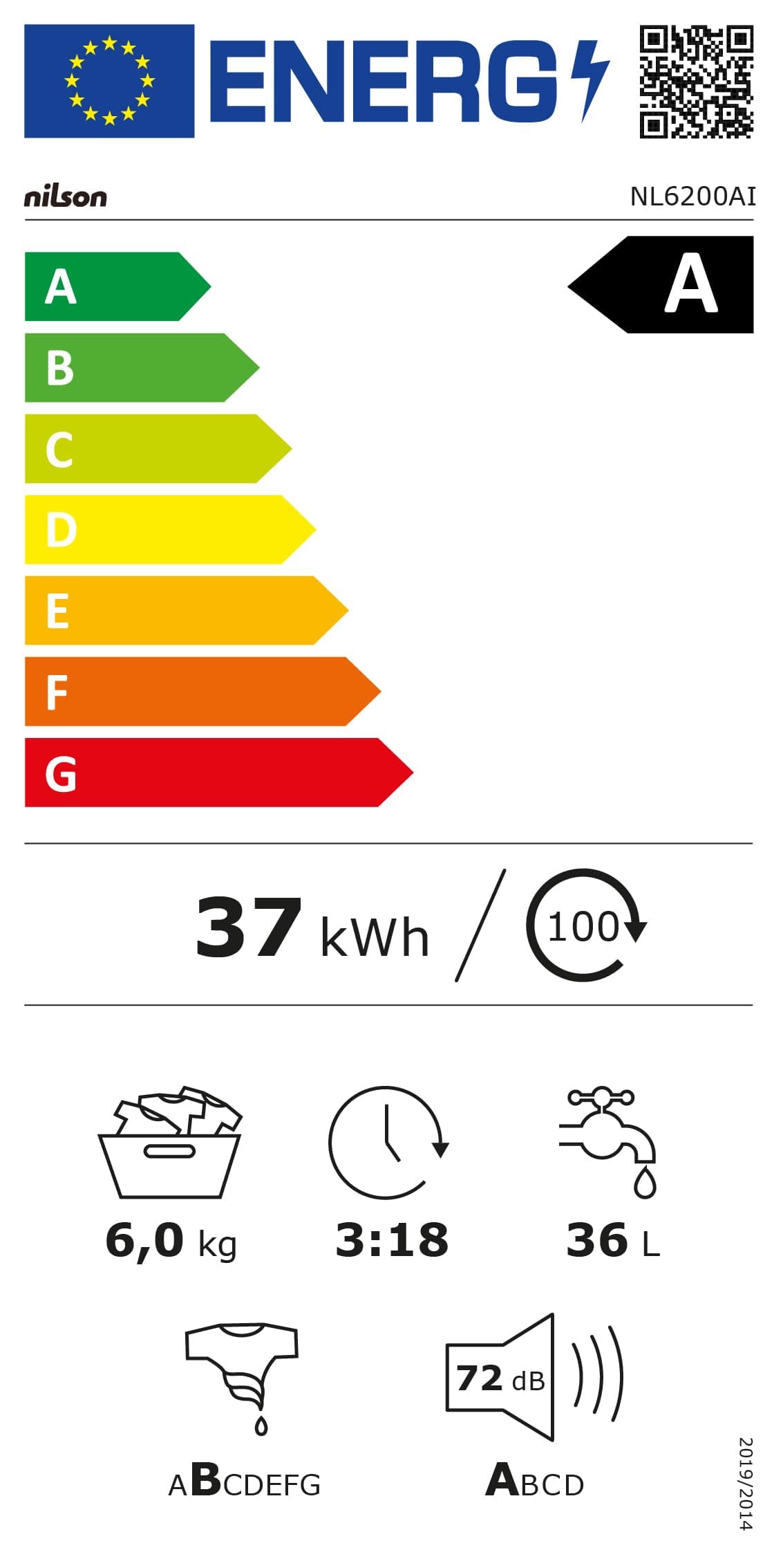 Nilson Lavadora 6Kg Carga Frontal Blanco NL6200AI. 1600W, 1200rpm, Motor Inverter, 11 Programas, Función Stop&Go, Tambor Diamante, Clase de Eficiencia Energética A — view 9