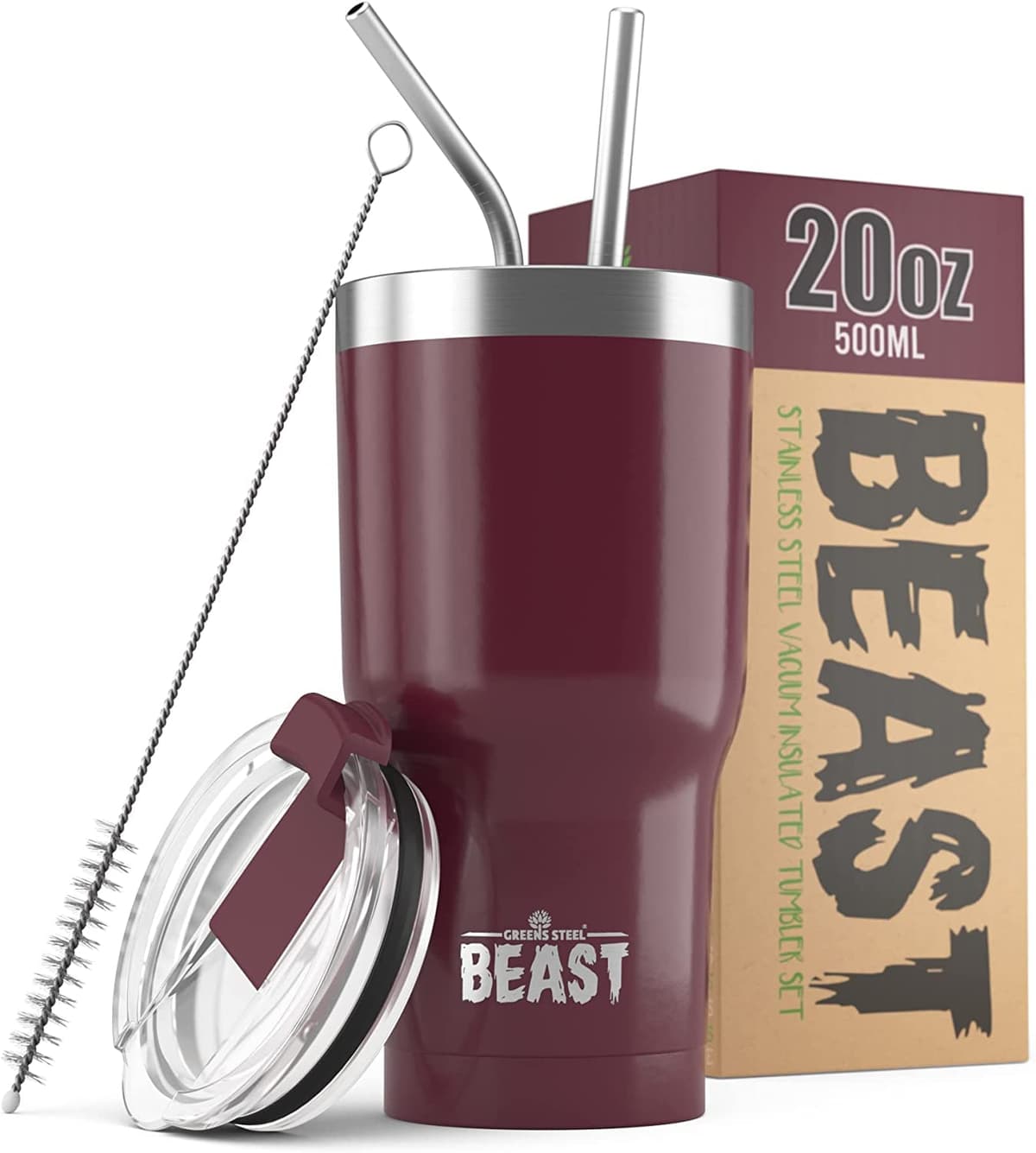 Greens Steel Beast Tumbler – 550 ml (20 oz), Coral | Vaso de acero inoxidable reutilizable con aislamiento al vacío | con 2 pajitas y cepillo de limpieza | Termo de viaje de doble pared — view 23