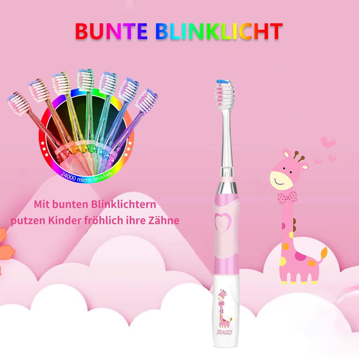 Seago Cepillo de Dientes Infantil Eléctrico Para Niños 3–12 Años Kids Con Luz de Colores,Temporizador Inteligente de 2 minutos,4 Cabezales Suaves SG-EK6/SG-977 (Rosa) — view 2
