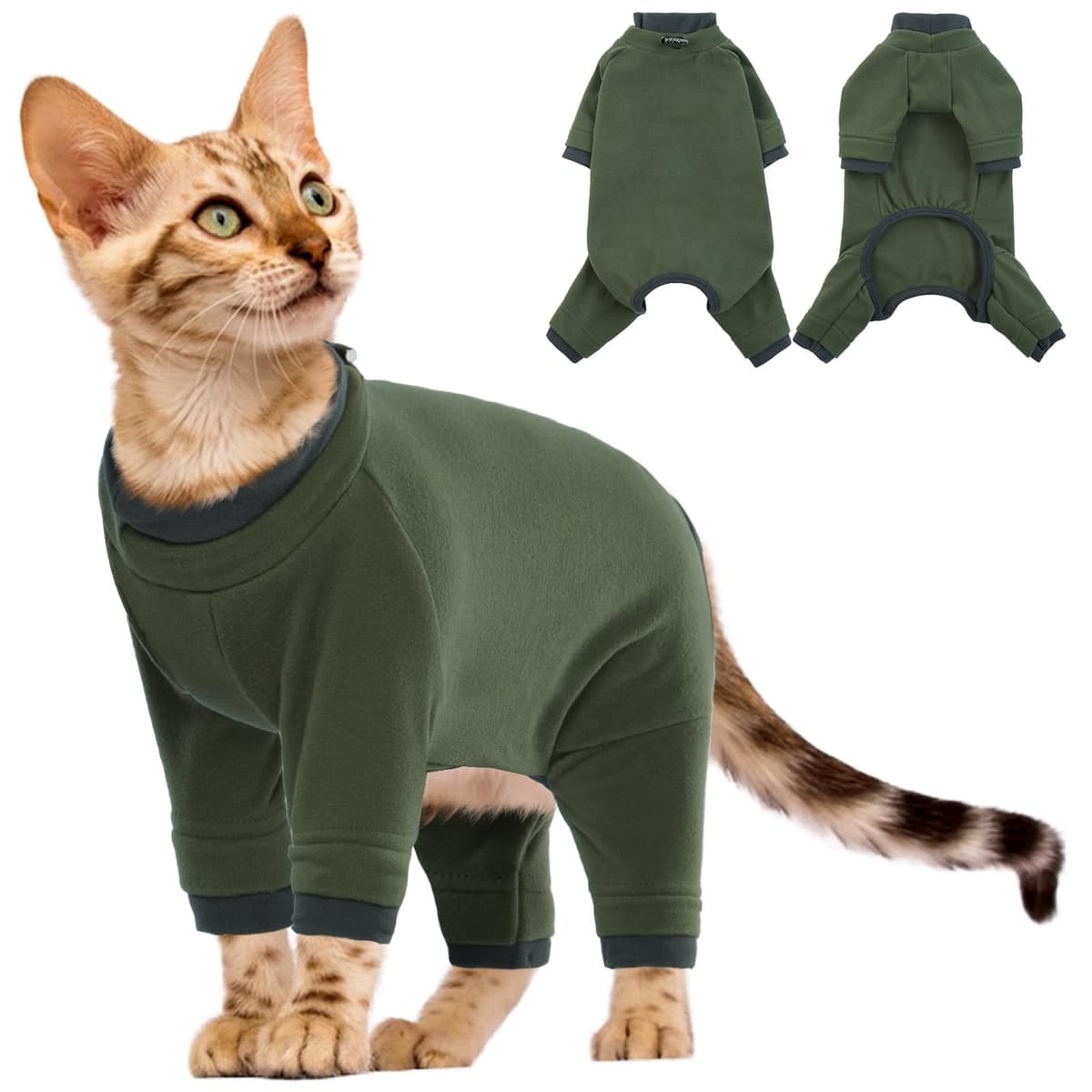 Chaleco Polar para Gatos, Chaqueta de Invierno Abrigo Otoño Invierno Caliente Pullover Suave Fleece Onesie Felpa para Gatos Body Postoperatorio(Verde Militar, L)