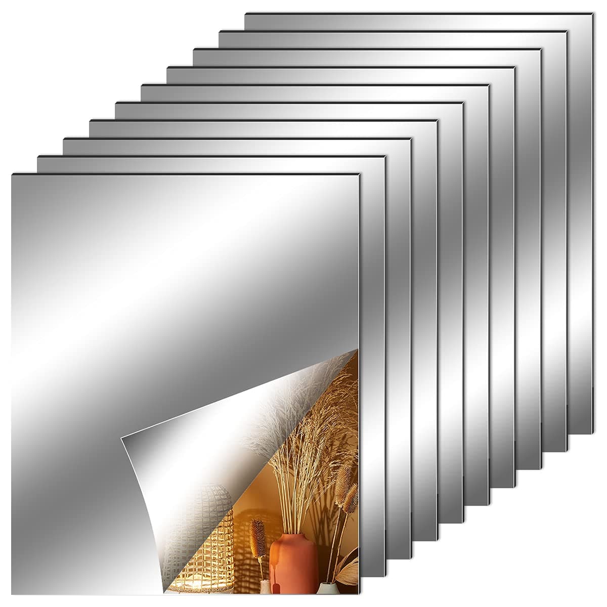 10 Pack Self Adhesive Mirror Tiles, 6 x 6inch(2mm Thick) Flexible Non Glass Stick on Mirror Stickers for Home Wall Decoration — view 9