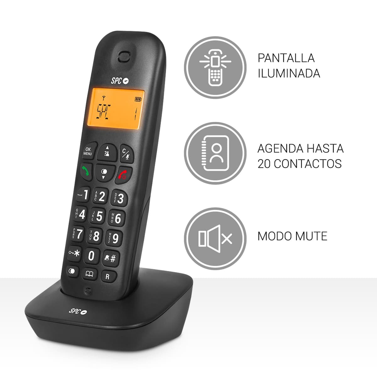 SPC Air – Teléfono Fijo inalámbrico con Pantalla iluminada, identificador de Llamadas, Agenda 20 contactos, Modo Mute, 5 melodías Disponibles, compatibilidad Gap y Modo Eco - Negro — view 3