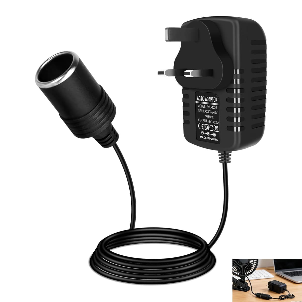 Car Power Inverter, 240V AC to 12V DC Adapter, 2A Cigarette Lighter Socket to UK Plug, Low Power AC to DC Voltage Converter for MP3 Fan Dash Cam, Max Power 24W, Compact Home Use for Car Electronics