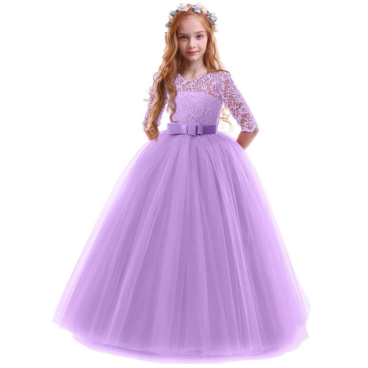 IWEMEK Flower Girls 3/4 Sleeve Floral Lace Tulle First Communion Pageant Dresses Kids Big Girls Princess Birthday Carnival Christmas Bridesmaid Wedding Party Prom Ball Gown 2-14 Years