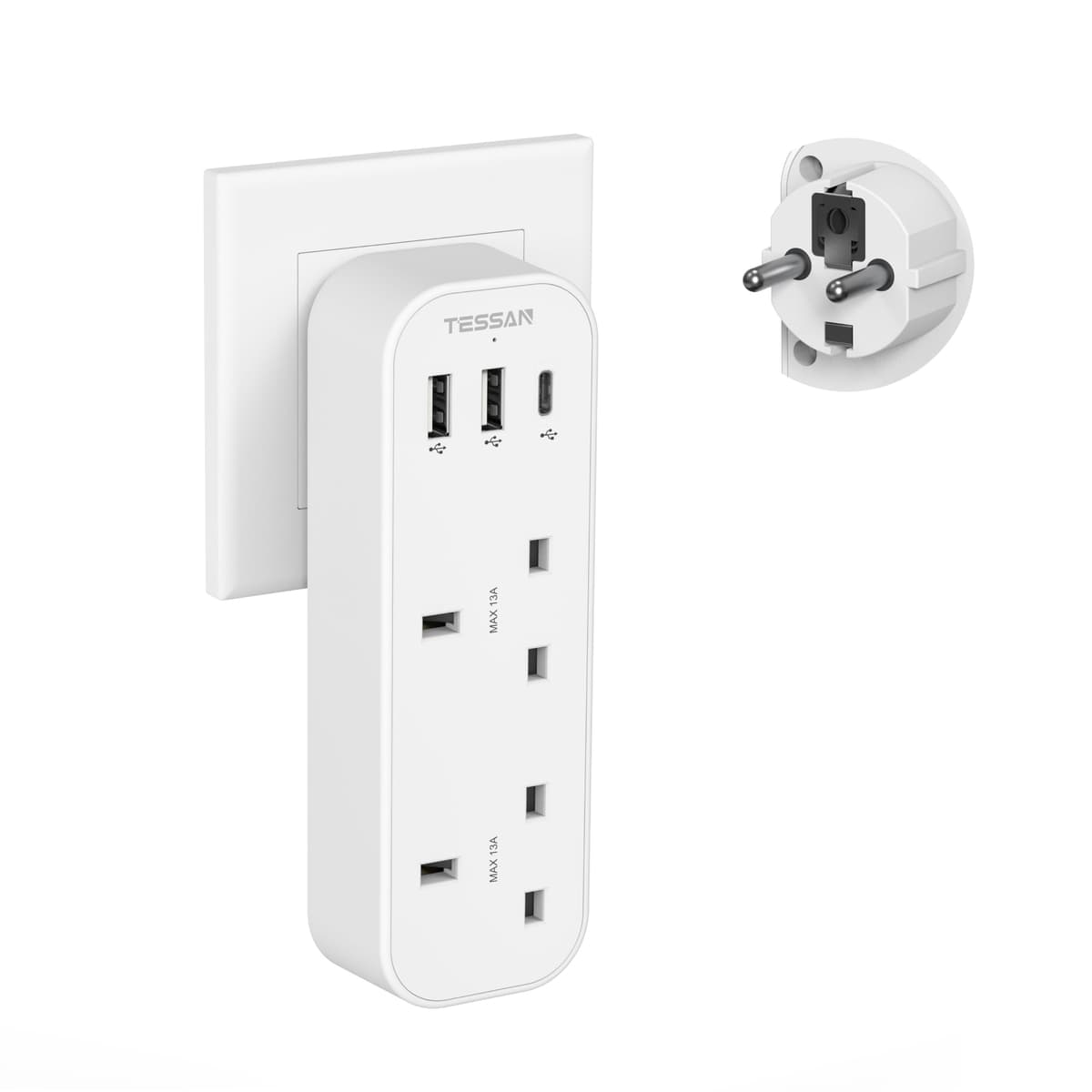 UK to Switzerland Plug Adapter, TESSAN Swiss Plug Adapter with 3 USB Ports (1 USB C), 2 Way Grounded Type J Travel Adaptor for Jordan, Liechtenstein, Madagascar, Rwanda — view 8